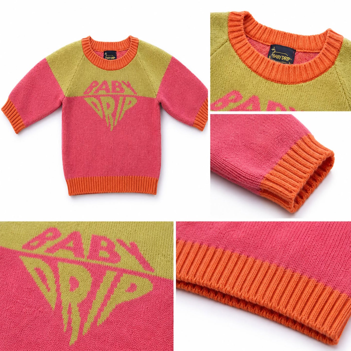 A BabyDrip baby girl knit sweater shown in a five-panel collage. The sweater has a bright hot pink body, lime green yoke and graphic, and orange ribbed trim at the neckline, cuffs, and hem. The first panel features the whole sweater, laid out showing the front, in the second panel, the ribbed crew round neck of the sweater, in the third panel, the sleeve cuff of the sweater in the fourth panel the cuffed hem of the sweater and the fifth panel shows the text "BABYDRIP" laid out on a white background.