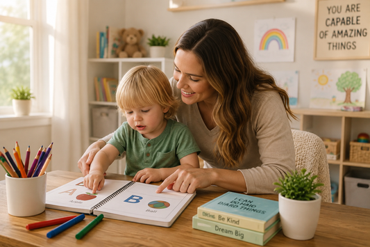 Mother supporting her child with learning at home