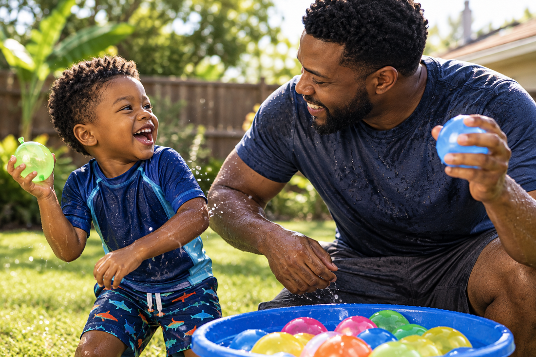 Father and son playing with water balloons in the back of a yard.