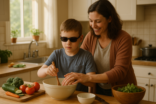 A mother teaching her blind son to cook in the kitchen