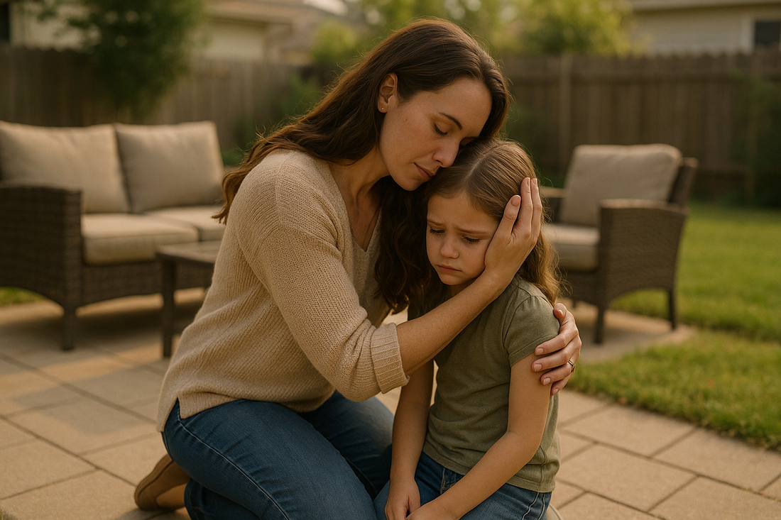 A mother hugging her child and giving emotional support