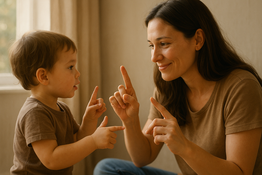 A mother teaching her deaf son how to sign language