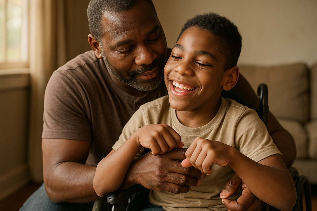 Father holding his son who has cerebral palsy