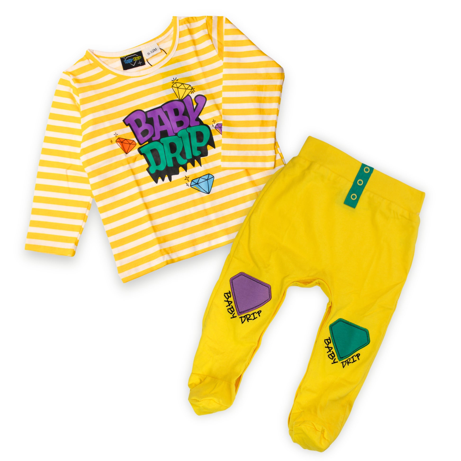 Image of a Babydrip two-piece baby boy outfit set featuring a yellow and white striped long-sleeve shirt with a colorful 'BABY DRIP' graphic, with diamonds on the centered front of the shirt paired with a bright yellow footed pants that have green and purple embroidered diamond patches details with a green horizontal sewn fabric highlighting three silvered round buttons in the front of the pants waist.
