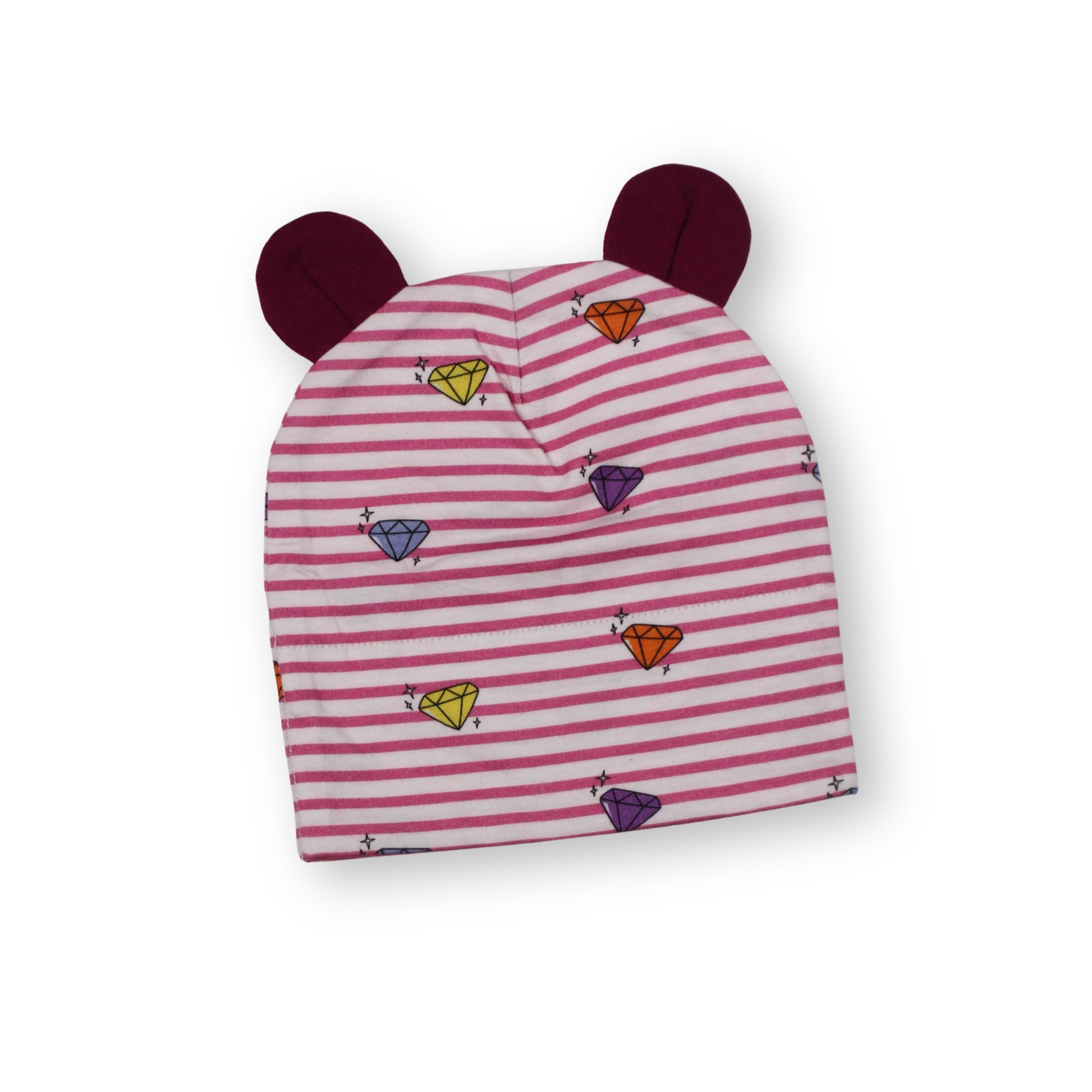 A front image of a Babydrip Beanie that features magenta colored bunny ears, pink and white striped colors on the entire body of the beanie with small colored diamonds motifs, laid out on a white background.