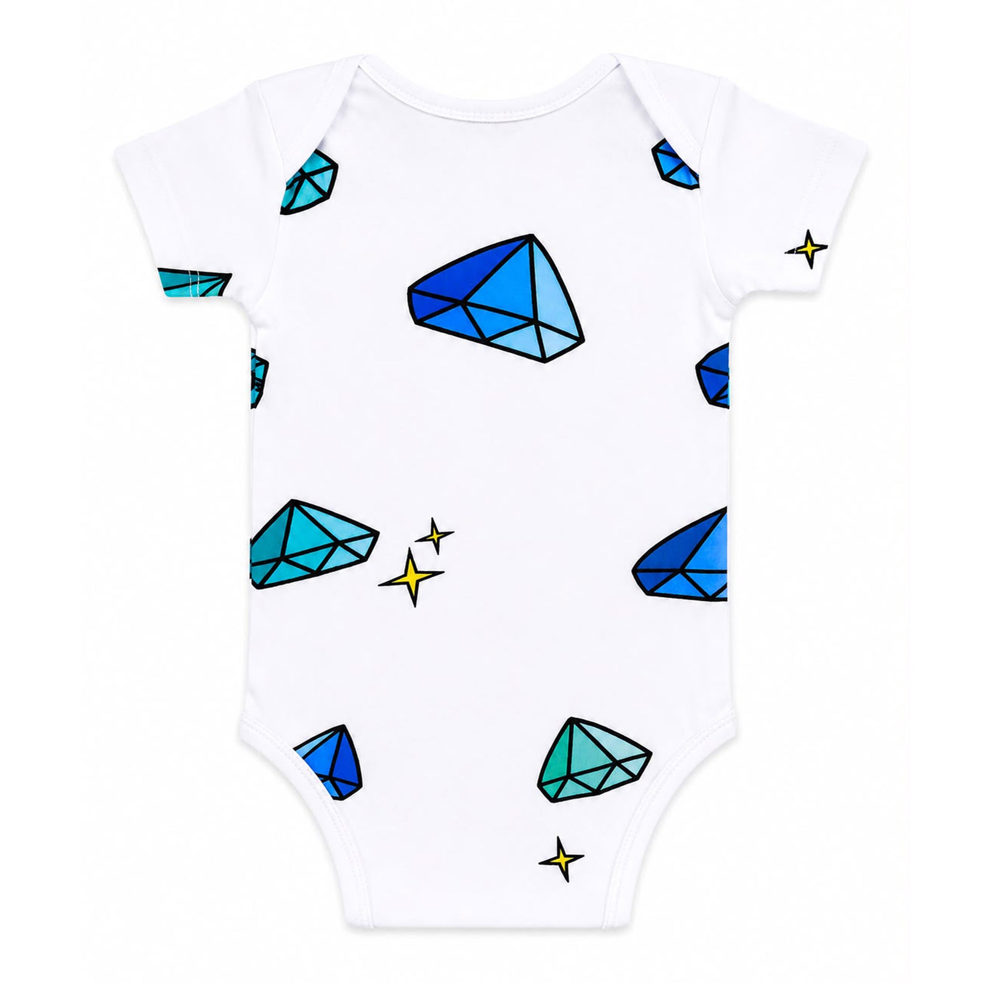 The back image of a Babydrip White short-sleeve baby bodysuit onesie with a pattern of colorful blue and green gemstones and small yellow sparkle stars, with ribbed shoulders and neck seam, shown laying flat on a white background.