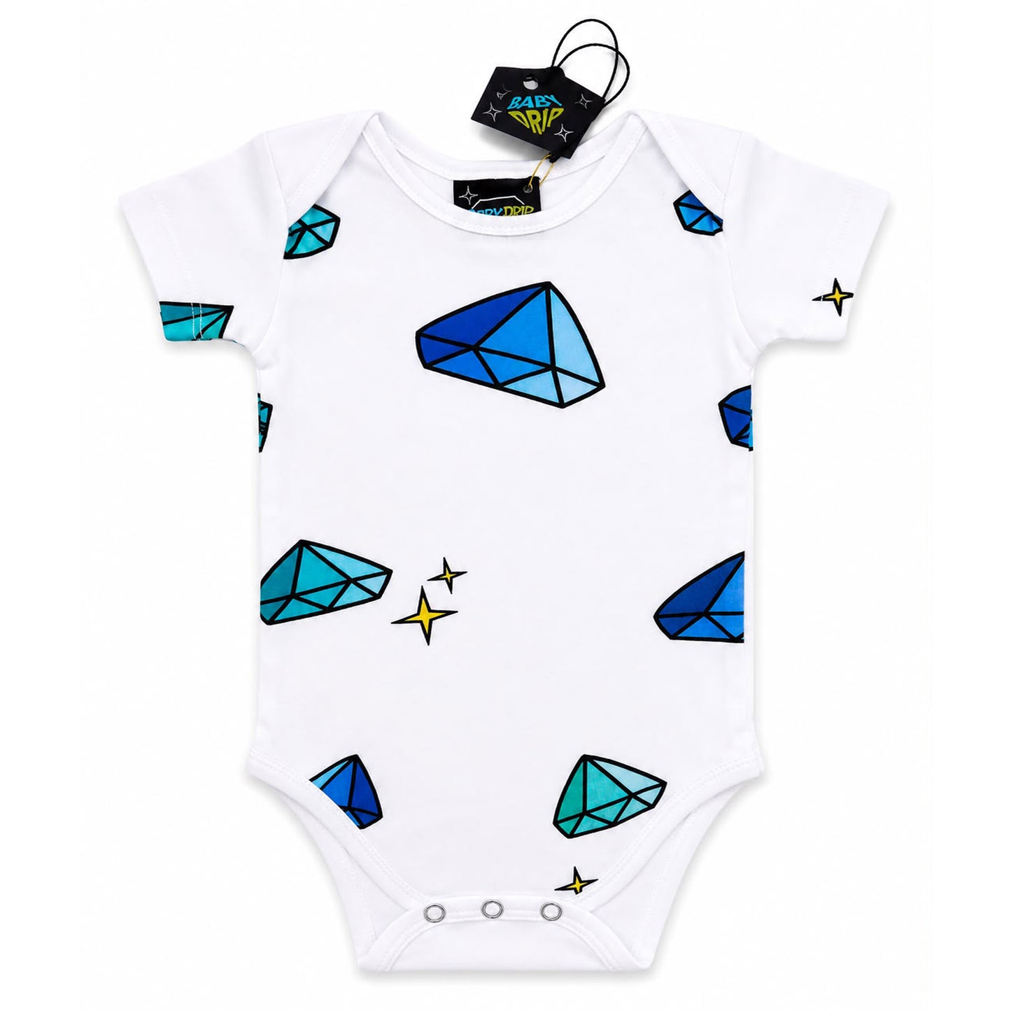 A babydrip white short-sleeve baby bodysuit onesie featuring a playful print of blue and teal diamonds and small yellow sparkles, with safety snap button closure at the bottom of the onesie. The onesie is shown laid flat on a white background with its black hangtag attached to the inside of the neck rim.