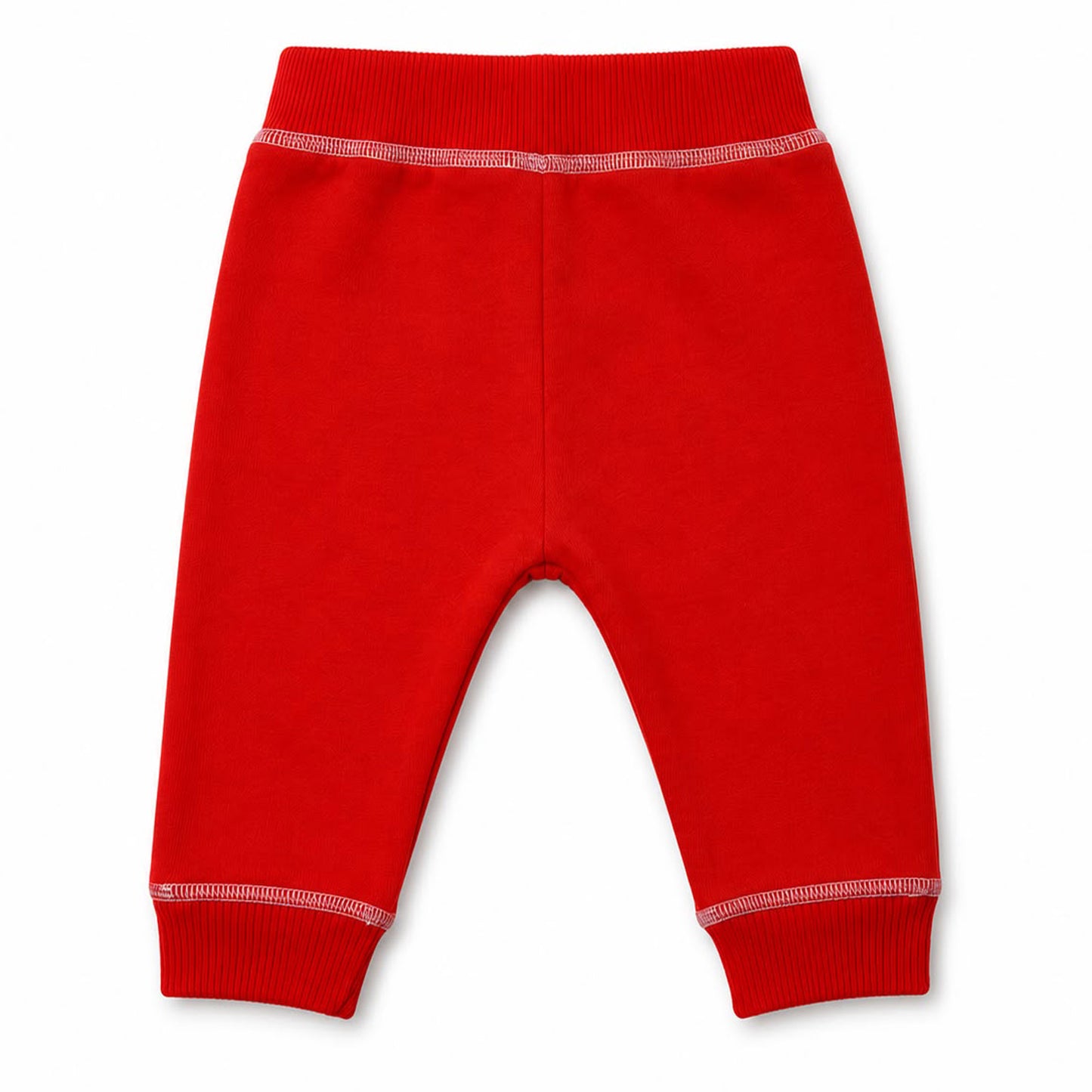 Babydrip Red knit jogger pants for toddlers, featuring an elastic waistband with white stitch outline and ribbed ankle cuffs, with a white stitch outline laying flat on a white background.