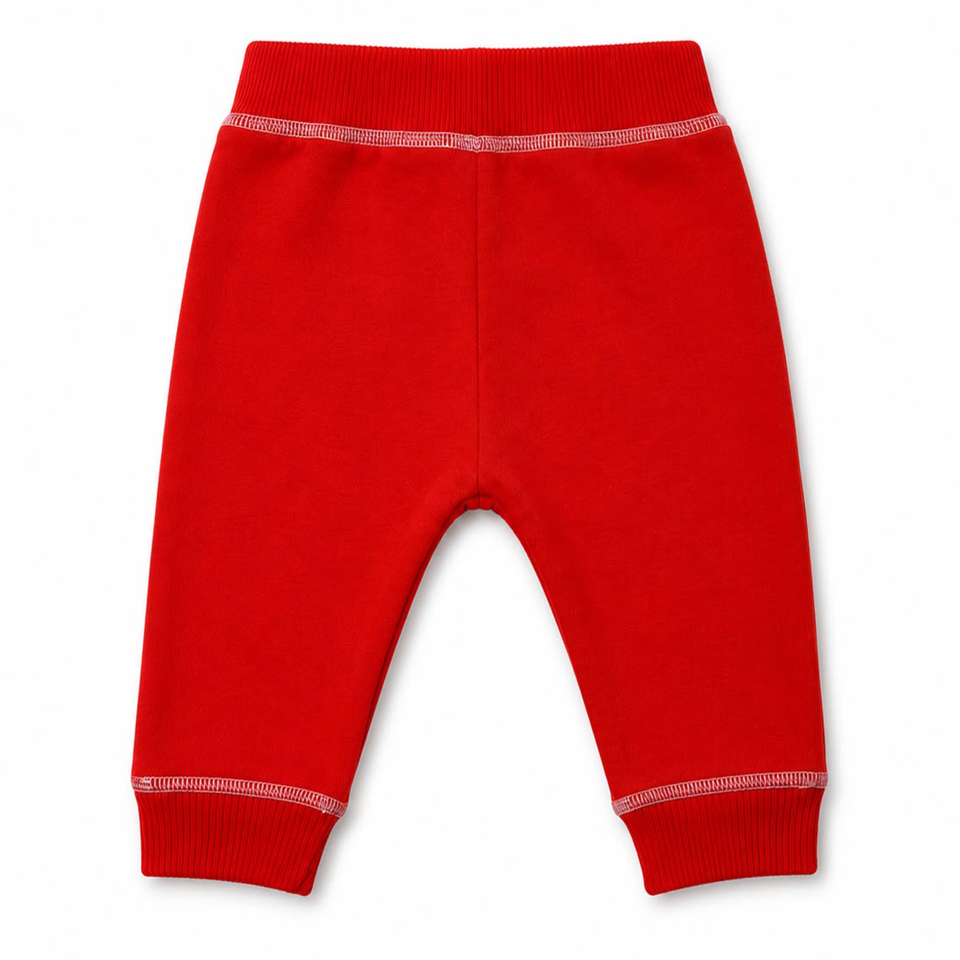 Babydrip Red knit jogger pants for toddlers, featuring an elastic waistband with white stitch outline and ribbed ankle cuffs, with a white stitch outline laying flat on a white background.