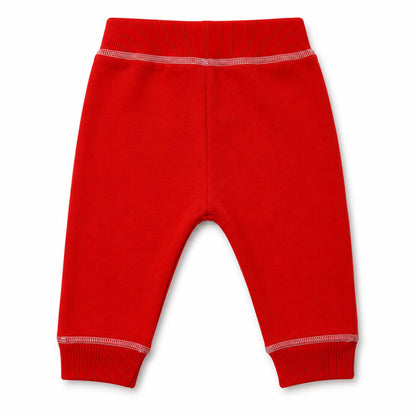 Babydrip Red knit jogger pants for toddlers, featuring an elastic waistband with white stitch outline and ribbed ankle cuffs, with a white stitch outline laying flat on a white background.
