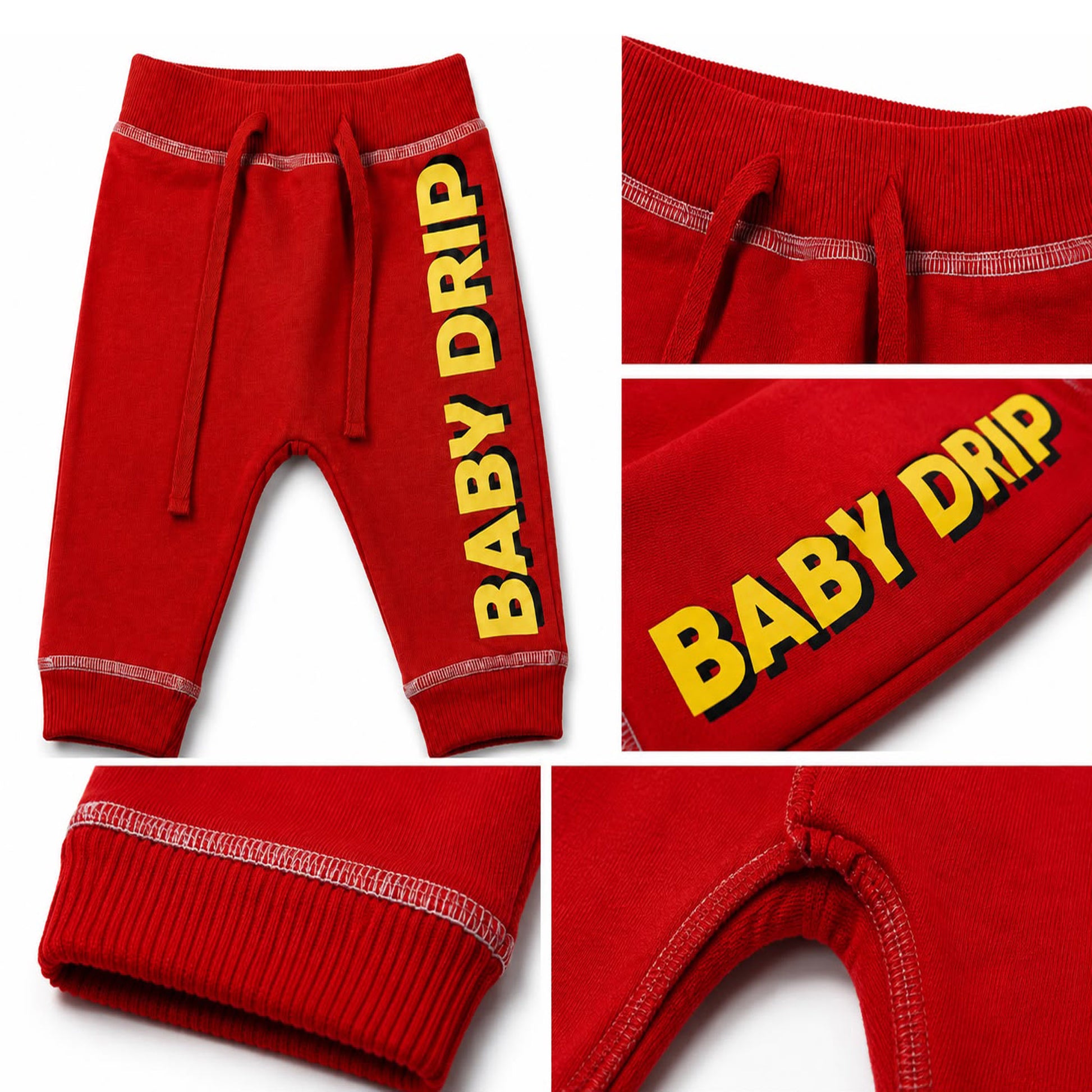 Babydrip Red 0-12 months jogger pants shown in a five-panel collage, featuring a full view, of the front of the pants with yellow text that reads "BABYDRIP" on the right leg of the pants in  the first panel. Close-up of the waistband and drawstrings, with white outer stitch in the second panel. Whilst the third panel shows a closeup of the 'BABY DRIP' text graphic on the right leg. The fourth panel showcases the inner legs of the center section of the pants whilst the fifth panel showcases the ribbed cuffs.