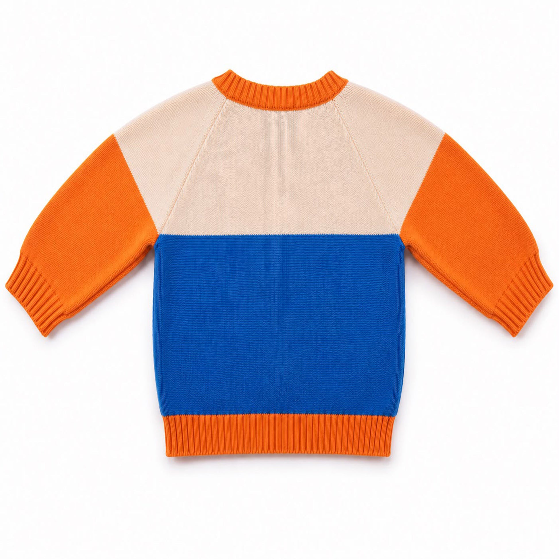 Image of the back of a Babydrip color block toddler boy knit sweater with a hot livewire cream and blue body, orange sleeves and orange ribbed trim on the neckline, cuffs, and hem, laid out flat on a white background.