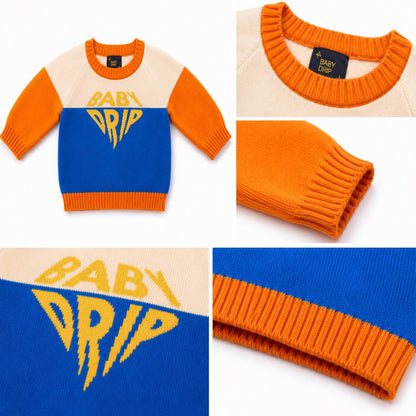 A BabyDrip toddler boy knit sweater shown in a five-panel collage. The sweater has a bright blue and cream body, orange ribbed trim at the neckline, cuffs, and hem with orange sleeves. The first panel features the whole sweater, laid out showing the front, in the second panel, the ribbed orange crew round neck of the sweater, in the third panel, the orange sleeves and cuffs, in the fourth panel the ribbed cuff hem of the sweater and the fifth panel shows the text "BABYDRIP" laid out on a white background.