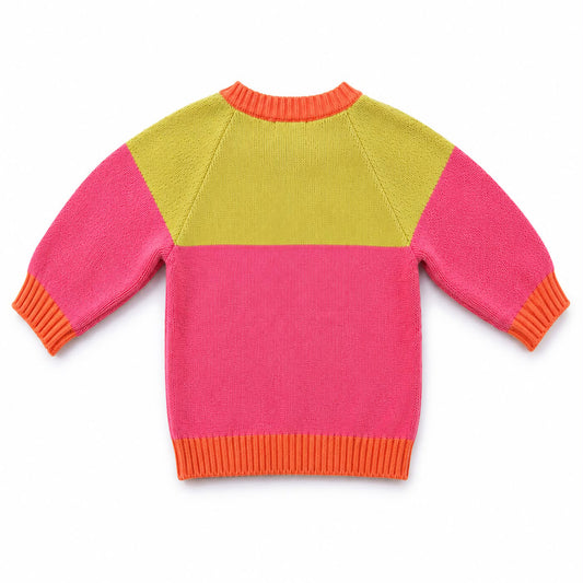 Image of the back of a Babydrip color block toddler baby girl knit sweater with a bright hot pink body, a lime green yoke, and orange ribbed trim on the neckline, cuffs, and hem, laid out on a white background.
