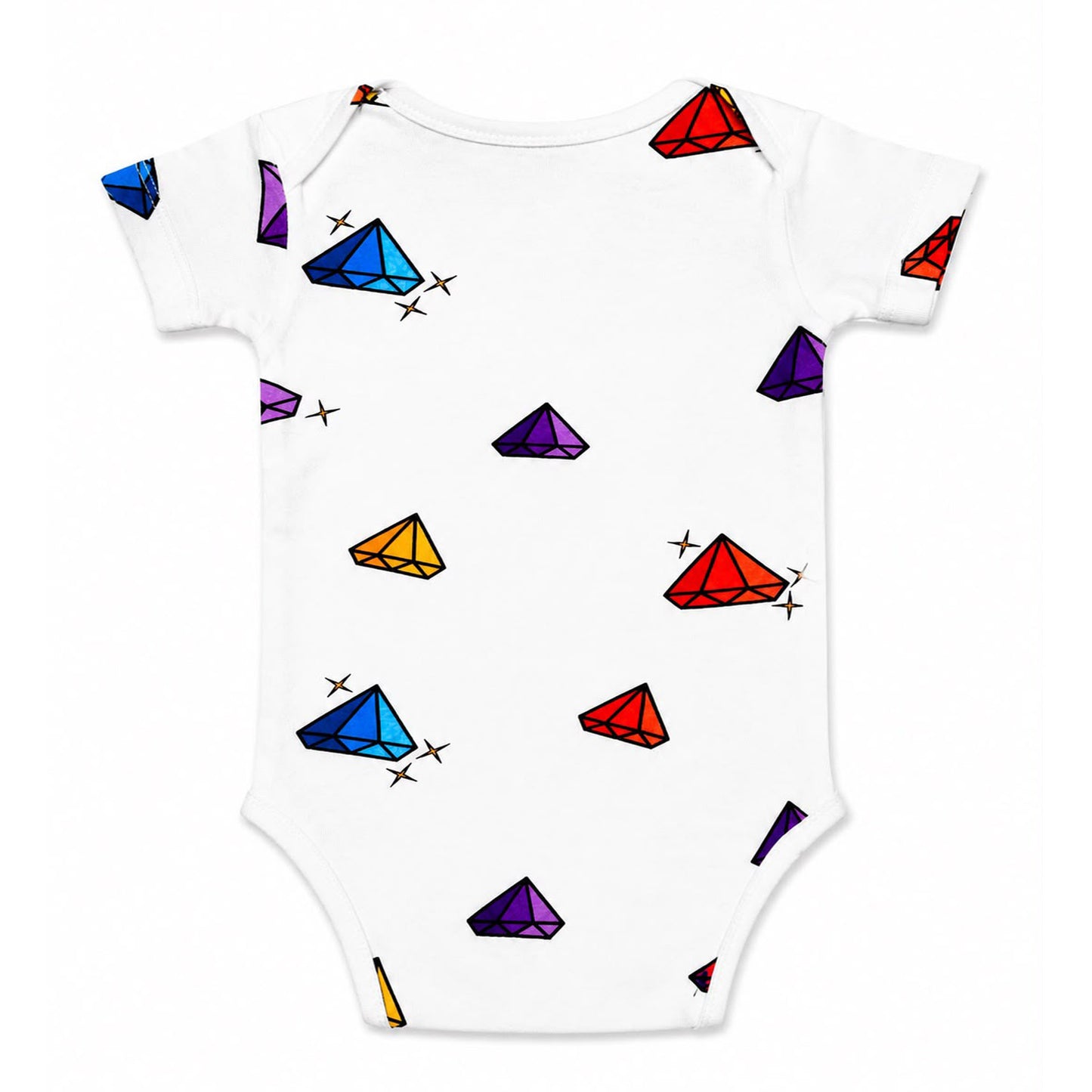 The back image of a Babydrip white short-sleeve baby bodysuit onesie with colorful printed gemstone motifs graphic print displayed all over the terry cotton fabric. The onesie is shown laying flat on a white background.