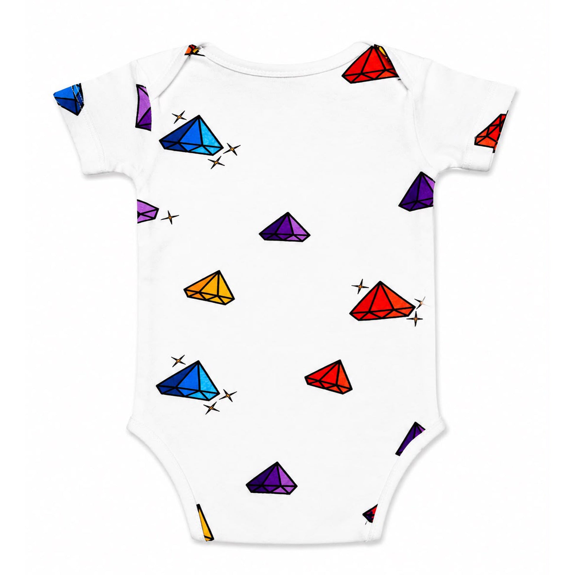 The back image of a Babydrip white short-sleeve baby bodysuit onesie with colorful printed gemstone motifs graphic print displayed all over the terry cotton fabric. The onesie is shown laying flat on a white background.