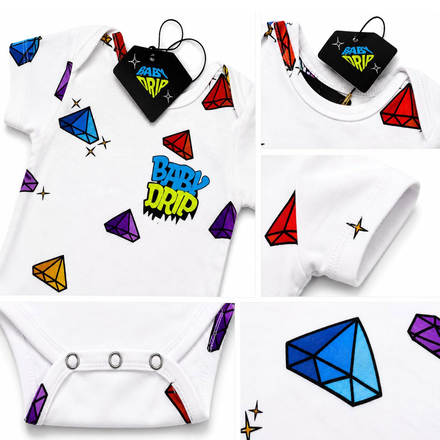 A Babydrip white baby bodysuit onesie shown in a five-panel collage, featuring colorful geometric diamond graphics in blue, purple, red, yellow, and black, plus a blue and yellow 'BABY DRIP' graphic on the front in the first panel. The second panel shows a close up image of the neck and shoulder with a black hangtag with the brand name BABY DRIP". The third panel shows close up image of the ribbed sleeve. The 4th panel shows close up graphic prints on the fabric and the 5th shows three button closure.