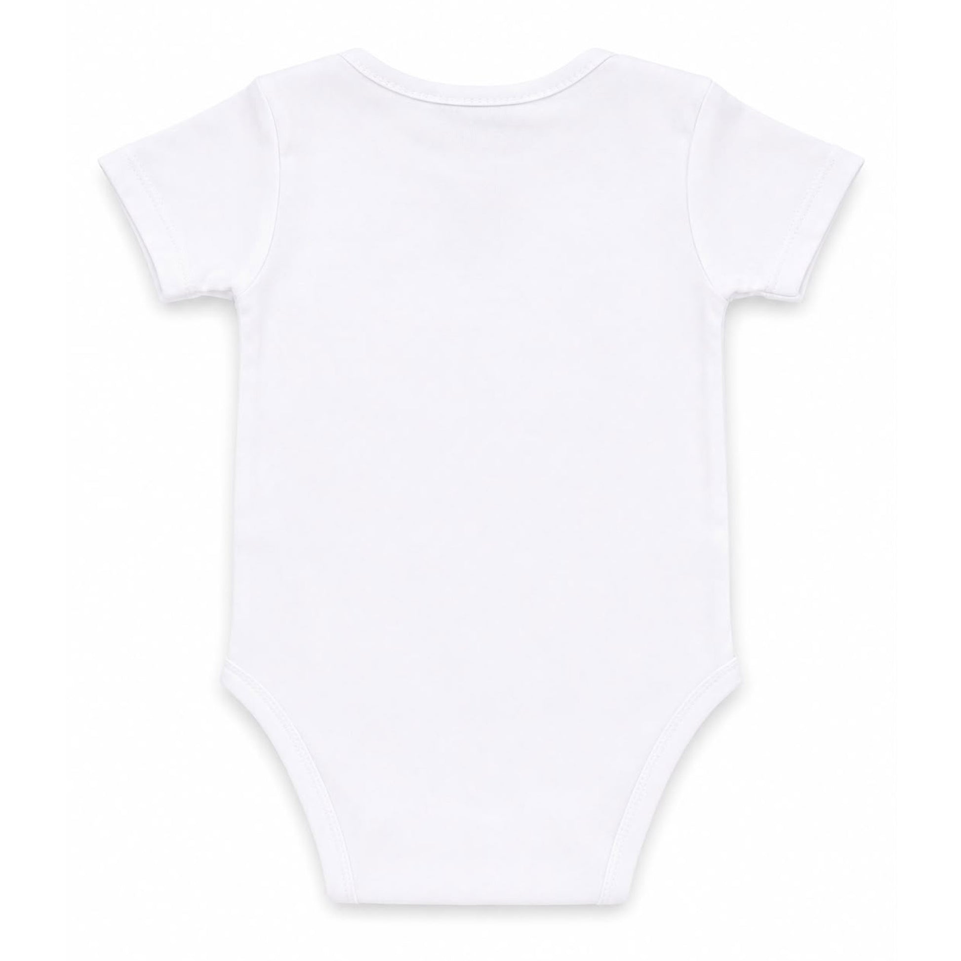 A plain Babydrip white short-sleeve baby bodysuit shown from the back, laid flat against a clean white background.