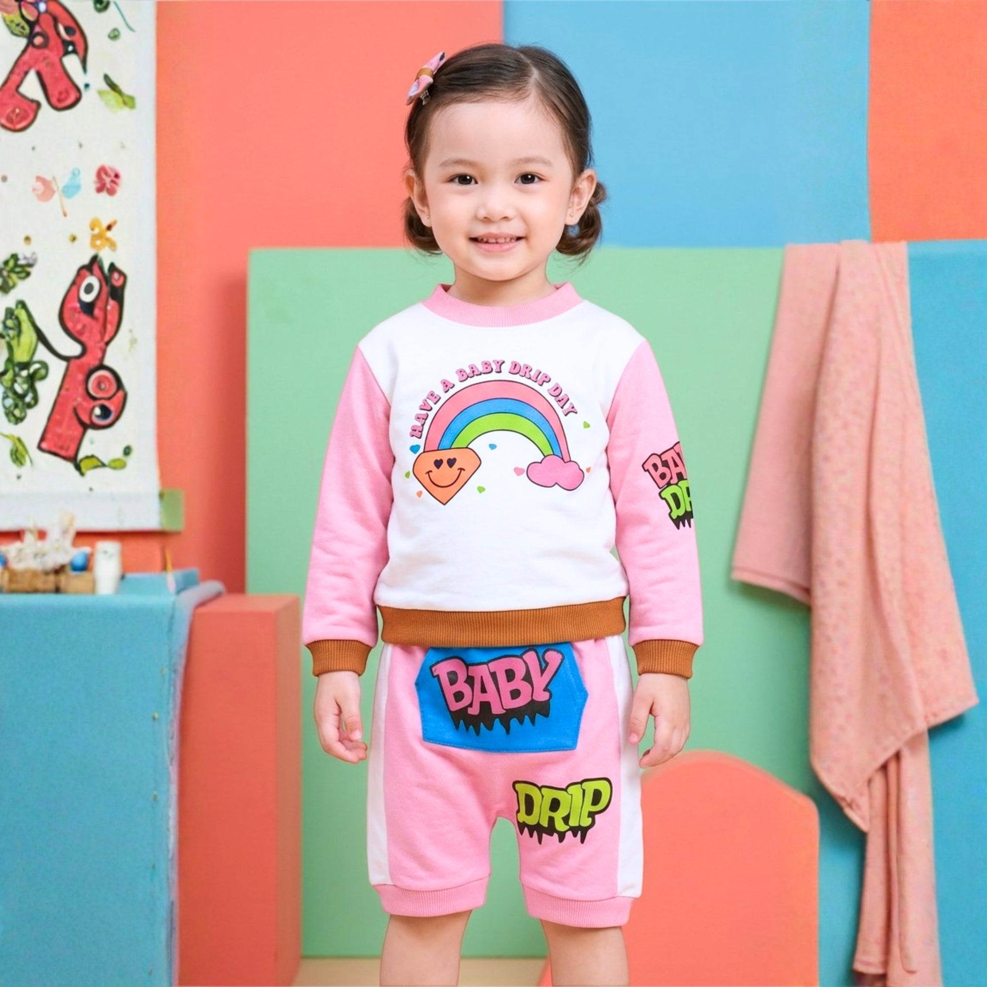 A young girl stands in a colorful studio setting wearing a Babydrip pink and white two-piece sweatsuit with cartoon graphics, including a rainbow on the front center of the chest of the long sleeve sweatshirt and the text 'BABY" on a blue kangaroo pocket at the front of the shorts and the word "DRIP" a little further down from the pocket.