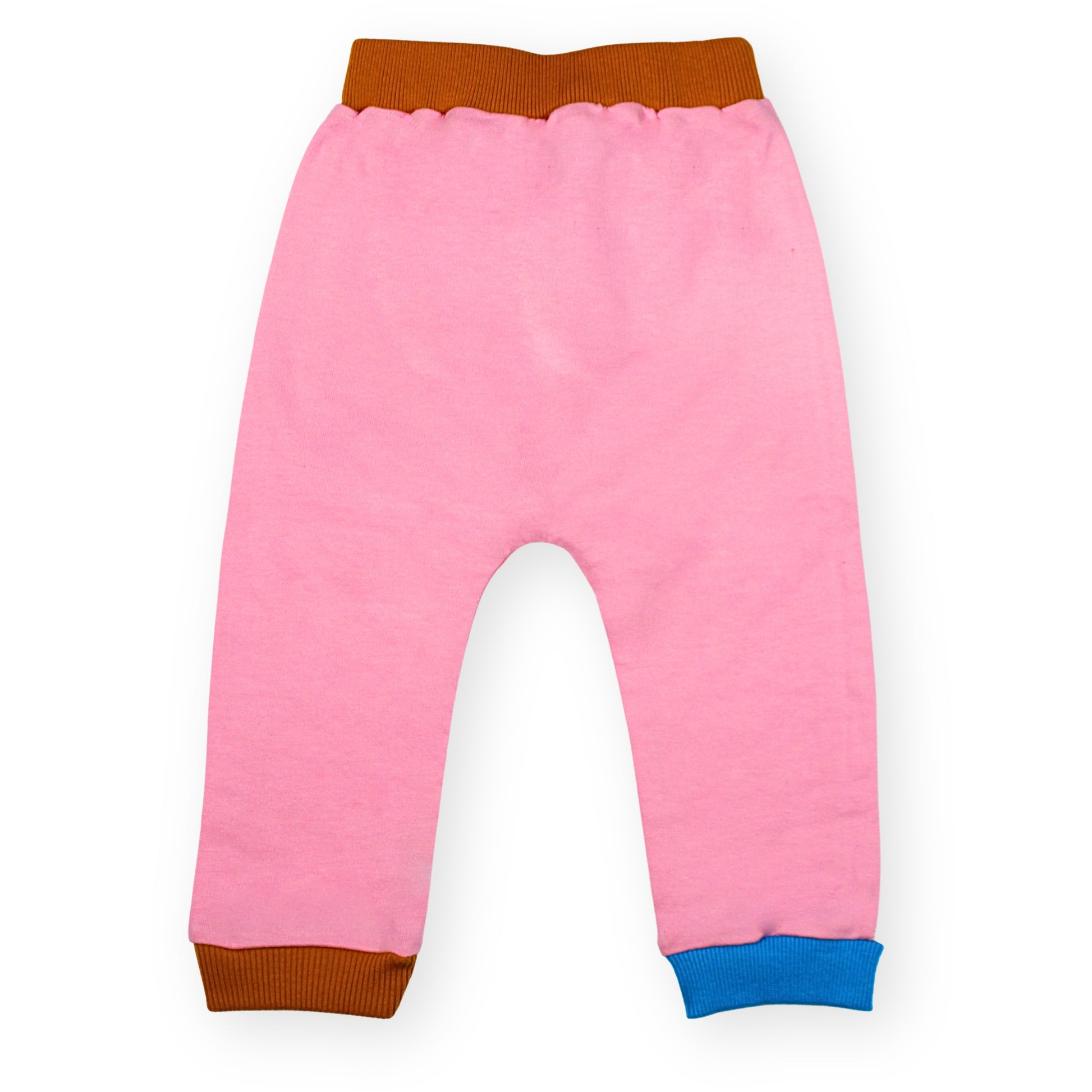 Image of the back of a Babydrip Pink Terry cotton sweat pants for toddler girls with a brown elastic waistband and and brown cuffs, and a contrasting blue cuff laid out flat on a white background.