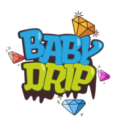 Colorful logo with 'BABY DRIP' text and diamond shapes on a white background