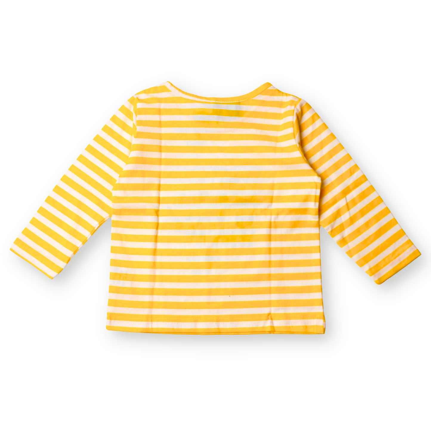 Image of the back of a yellow and white striped long-sleeve Babydrip boy t-shirt displayed flat on a clean white background.