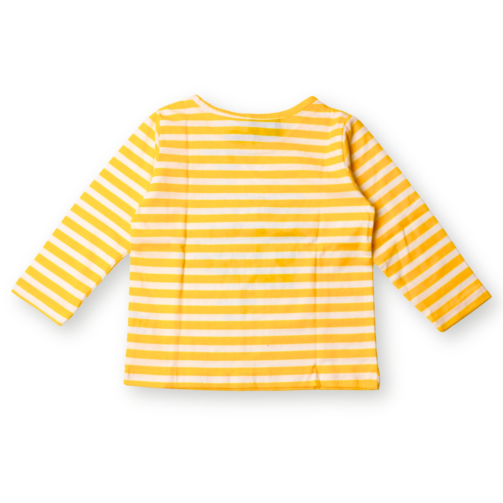 Image of the back of a yellow and white striped long-sleeve Babydrip boy t-shirt displayed flat on a clean white background.