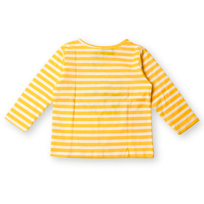Image of the back of a yellow and white striped long-sleeve Babydrip boy t-shirt displayed flat on a clean white background.