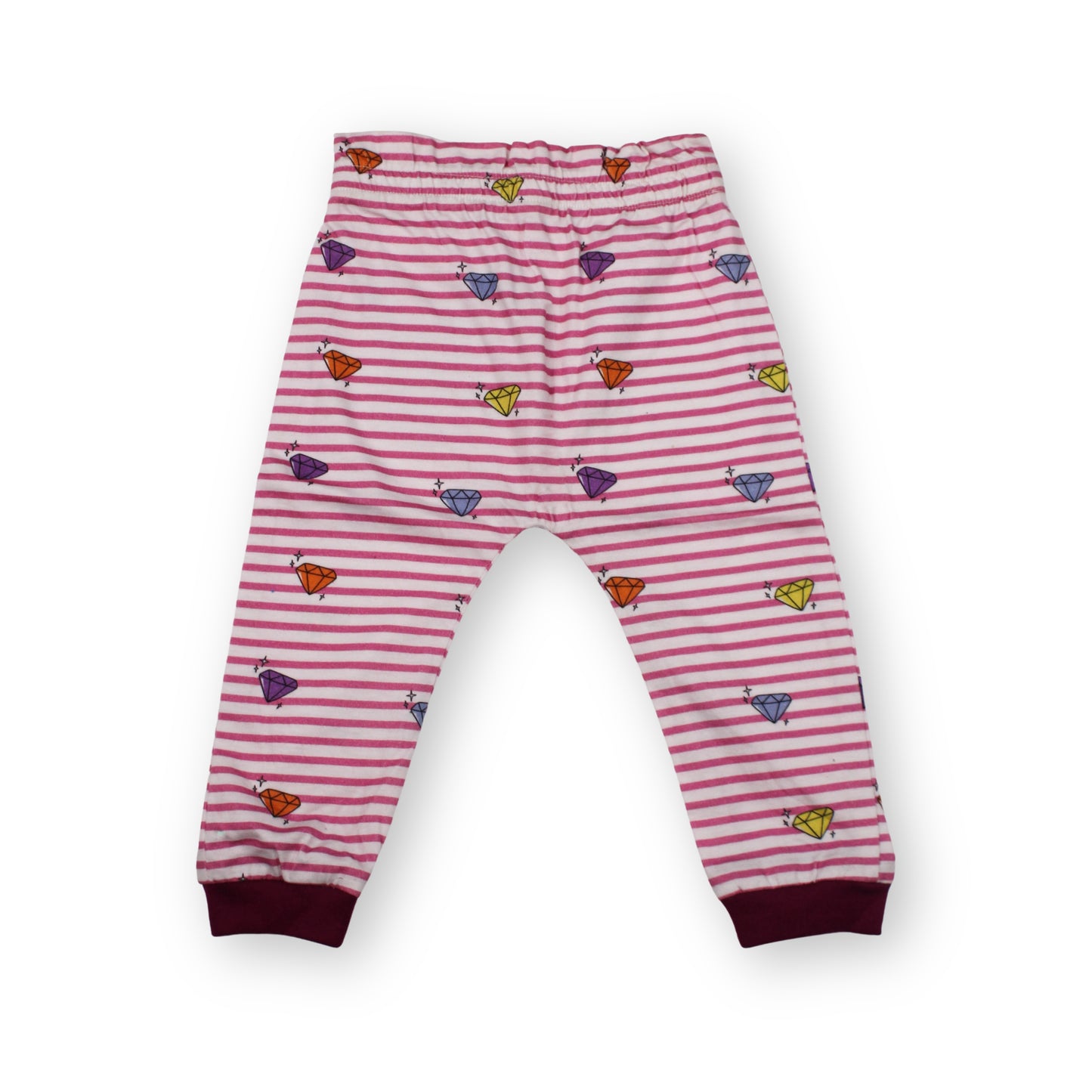 The front image of a Babydrip Pink and white striped Toddler baby girl pants with magenta ribbed cuffs, elastic waistband, and a pattern of small colorful array of diamonds graphic print filling the entire area of the pants, laid flat against a white background.