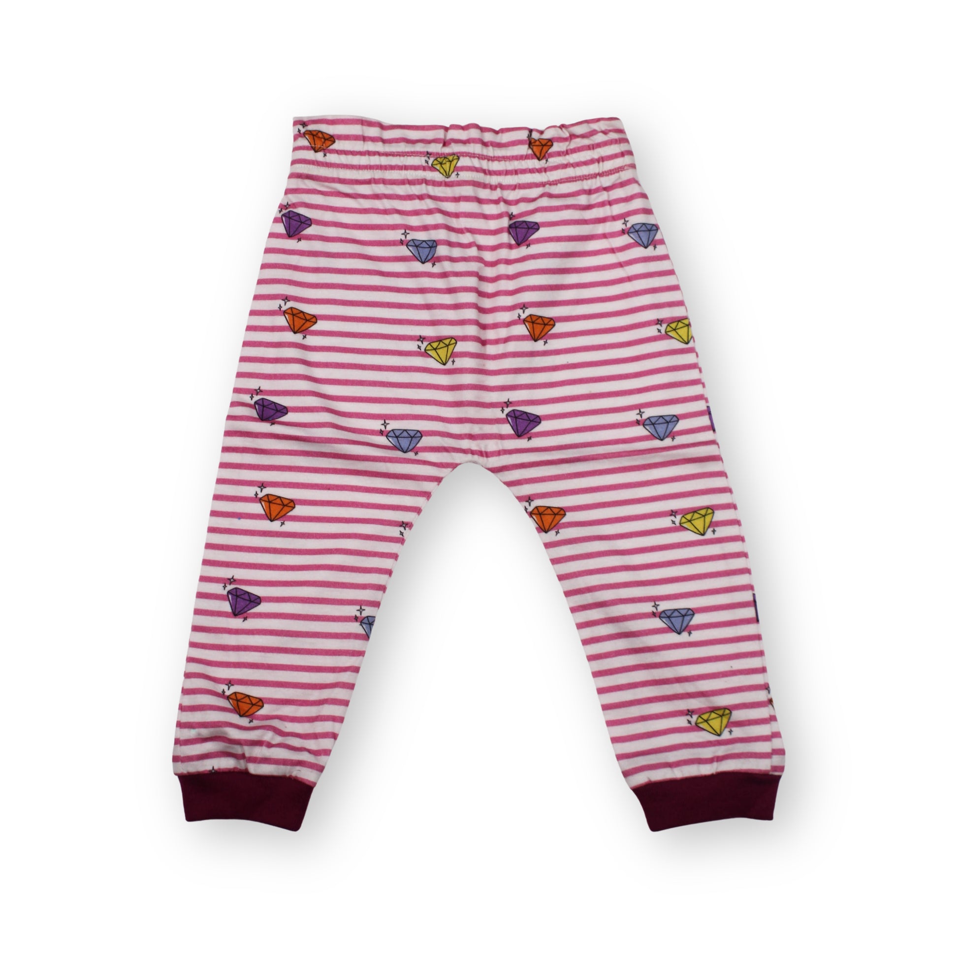 The front image of a Babydrip Pink and white striped Toddler baby girl pants with magenta ribbed cuffs, elastic waistband, and a pattern of small colorful array of diamonds graphic print filling the entire area of the pants, laid flat against a white background.