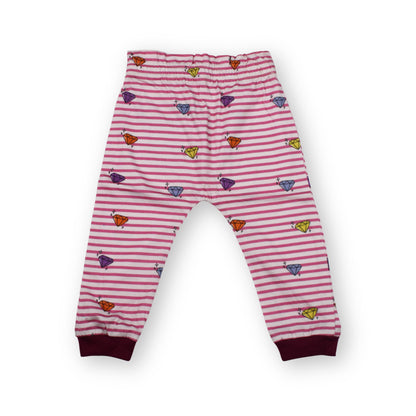 The front image of a Babydrip Pink and white striped Toddler baby girl pants with magenta ribbed cuffs, elastic waistband, and a pattern of small colorful array of diamonds graphic print filling the entire area of the pants, laid flat against a white background.
