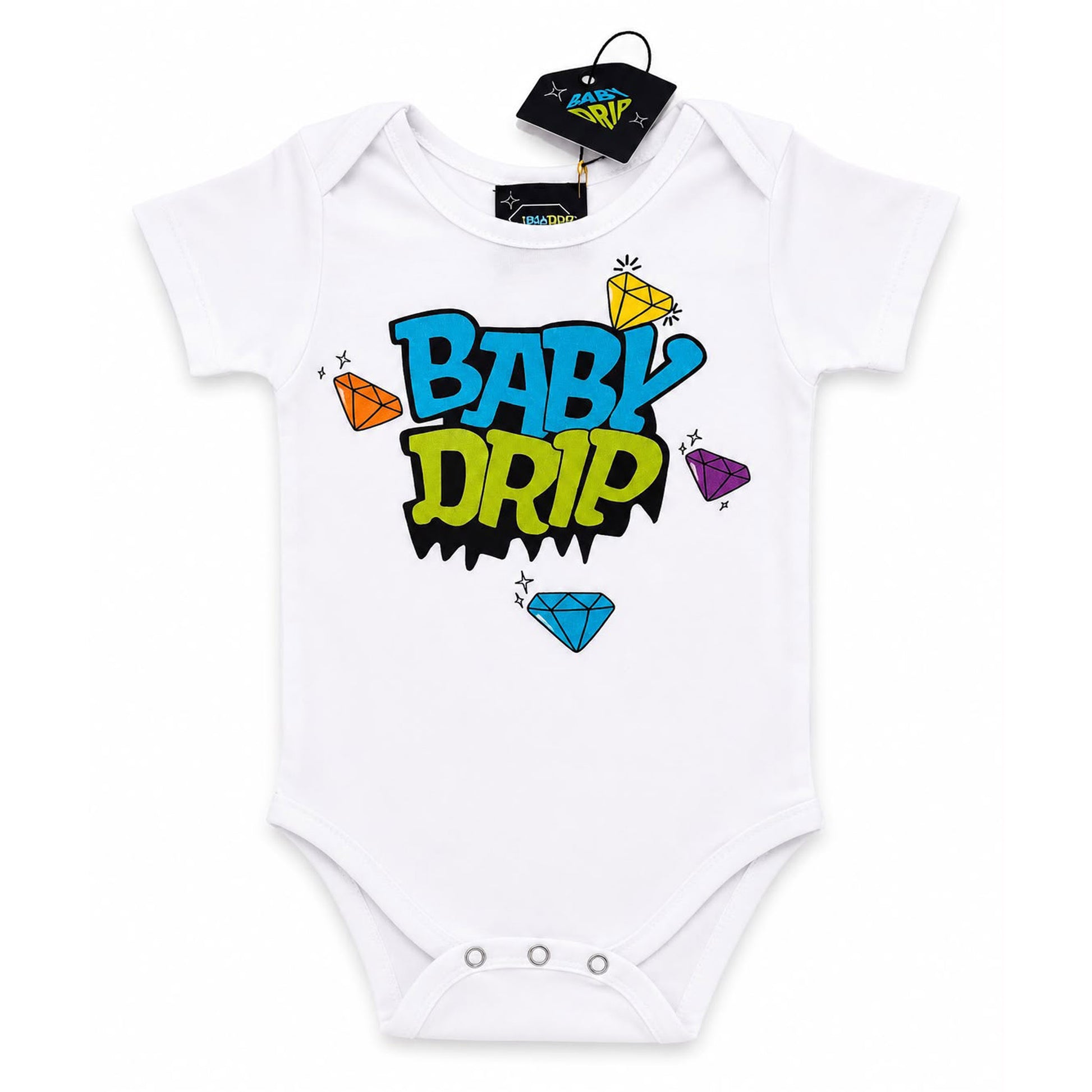 Babydrip white short-sleeve baby groin high body fit Onesie featuring a colorful 'BABY DRIP' Logo graphic with diamond illustrations, shown with its black retail hangtag on a plain white background.