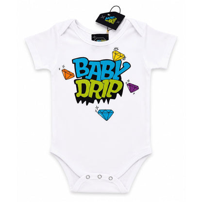 Babydrip white short-sleeve baby groin high body fit Onesie featuring a colorful 'BABY DRIP' Logo graphic with diamond illustrations, shown with its black retail hangtag on a plain white background.