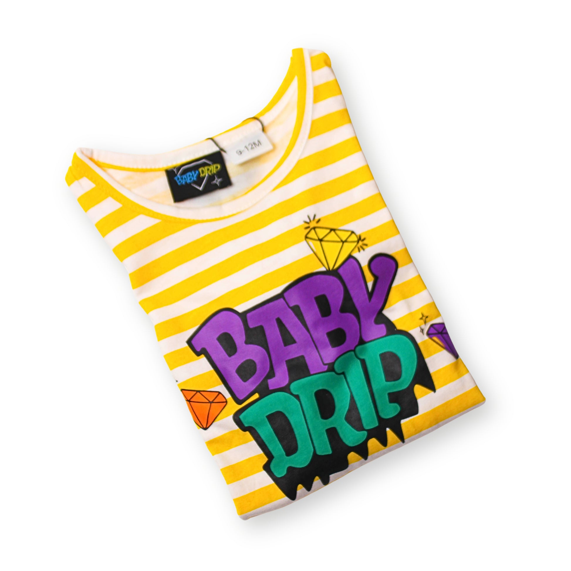 A folded yellow and white striped t-shirt with a colorful 'BABY DRIP' graphic on the front, displayed on a clean white background.