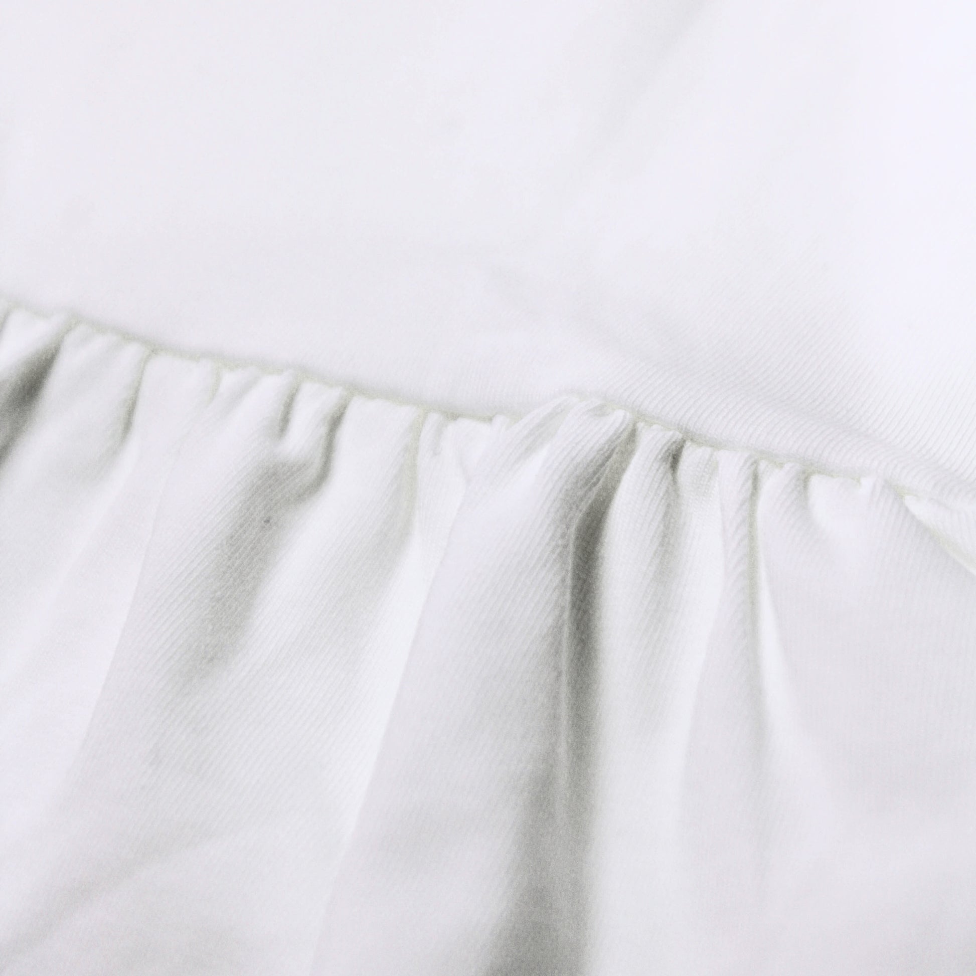 Close-up image of a white fabric product showing a gathered ruffle seam and soft texture from babydrip collection.