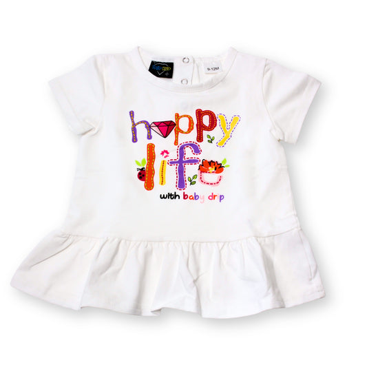 Babydrip girls' white short-sleeve peplum top featuring a colorful "Happy Life" graphic print with a ruffle hem for everyday comfort on white background.