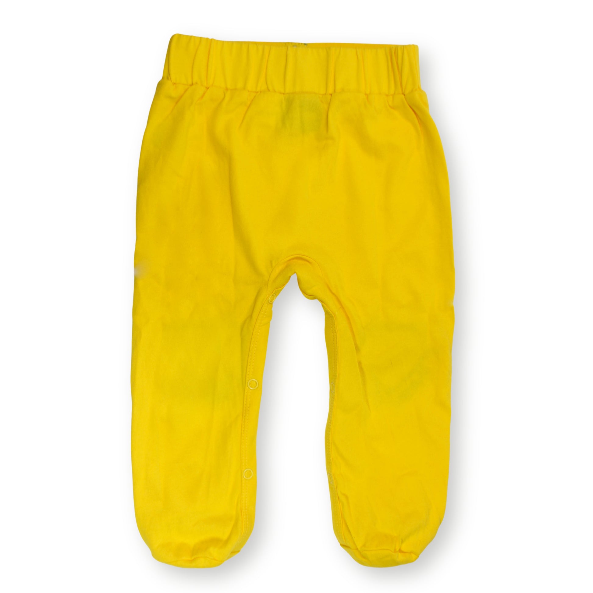 Babydrip bright yellow infant boy footed pants with an elastic waistband and inseam snap buttons closures, shown flat against a white background.