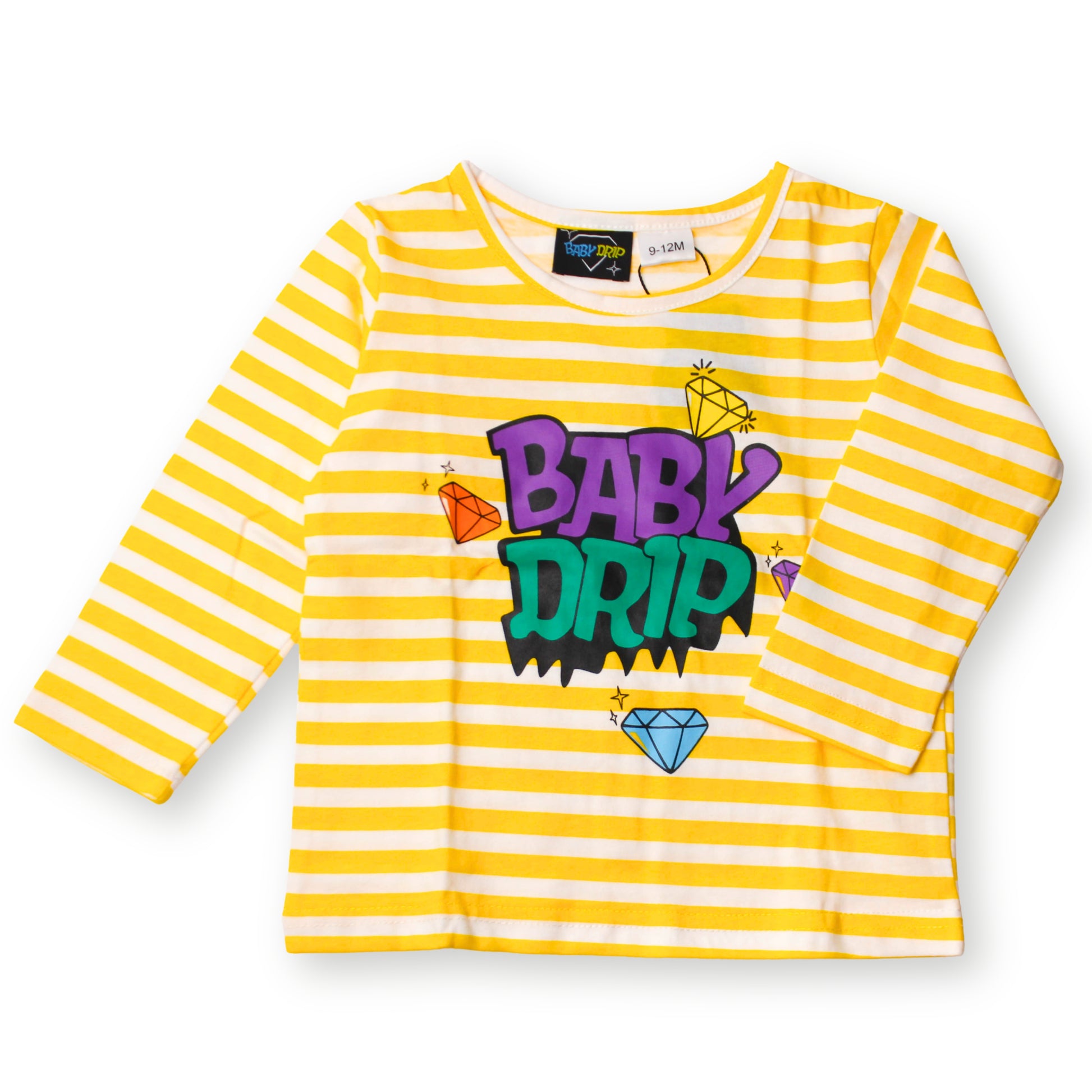 Image of a yellow and white striped long-sleeve babydrip boy t-shirt with a colorful 'BABY DRIP' graphic surrounded with three colorful diamonds on the front of the chest, displayed flat on a clean white background.