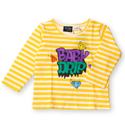 Image of a yellow and white striped long-sleeve babydrip boy t-shirt with a colorful 'BABY DRIP' graphic surrounded with three colorful diamonds on the front of the chest, displayed flat on a clean white background.