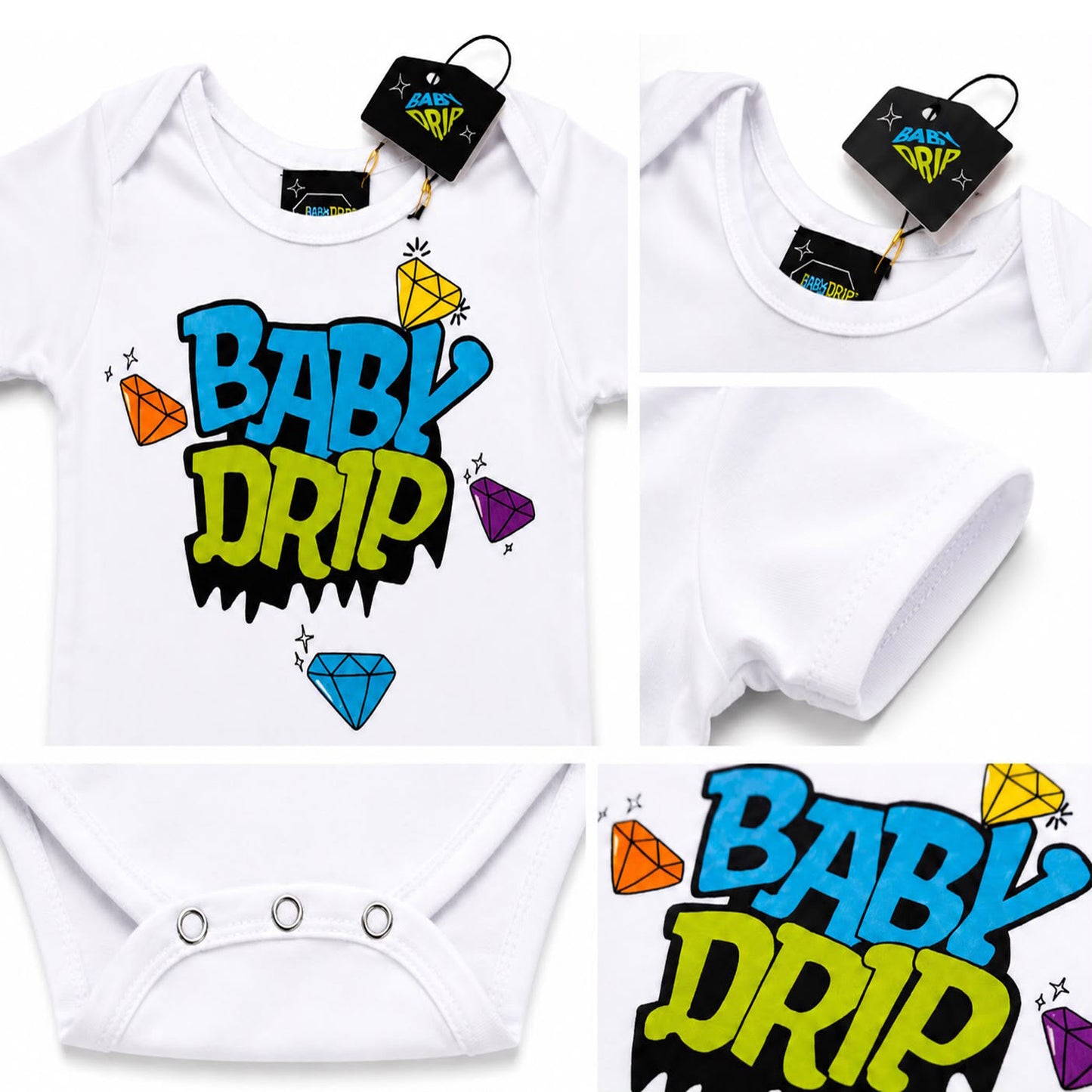 A Babydrip white baby bodysuit onesie shown in five-view close up panel. Panel one shows the full front image laid flat on a white background, with colorful "BABYDRIP" logo, on a clean white background. The second panel displays the neck of the onesie with the babydrip tags attached, the third panel shows the white ribbed sleeve of the onesie. The fourth panel shows the graphic up close print of the text "Babydrip" on the front of the onesie whilst the 5th panel shows the snap shut buttons at the bottom.